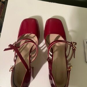 Red Patent Square-Toe Strappy Heels